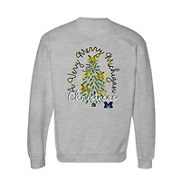 Women's  Heather Gray Michigan Wolverines Classic Merry Christmas Tree Crewneck Sweatshirt