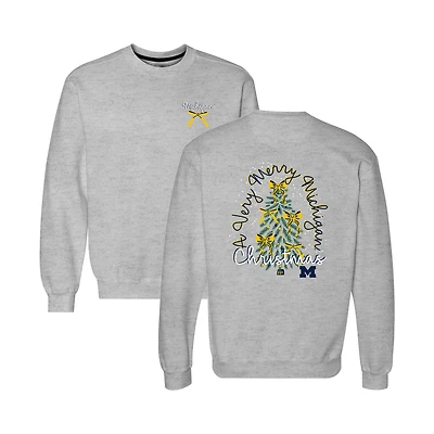Women's  Heather Gray Michigan Wolverines Classic Merry Christmas Tree Crewneck Sweatshirt