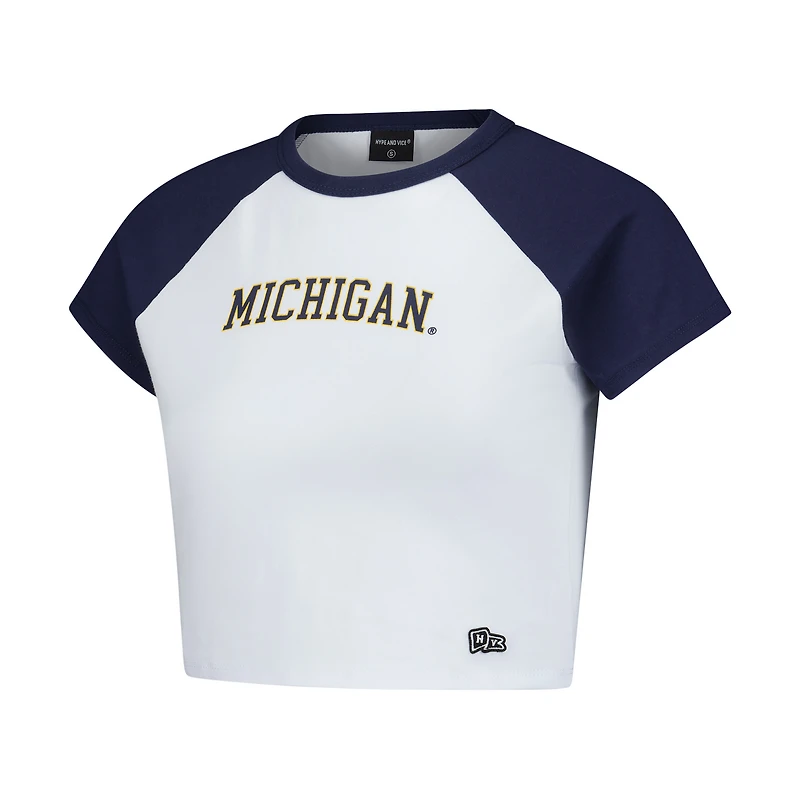 T-shirt raglan court Hype and Vice Navy pour femme, Michigan Wolverines Homerun