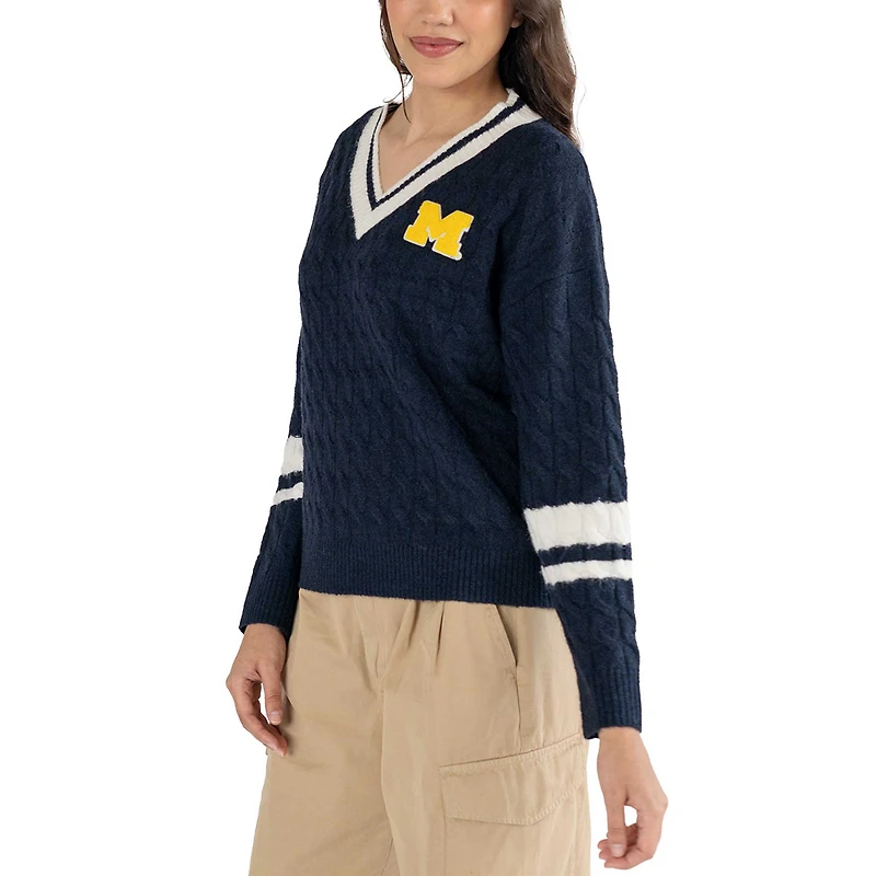Pull col en V maille torsadée Stella bleu marine pour femme des Michigan Wolverines de Lusso