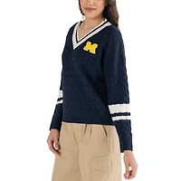 Pull col en V maille torsadée Stella bleu marine pour femme des Michigan Wolverines de Lusso