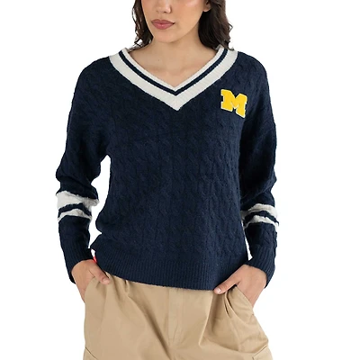 Pull col en V maille torsadée Stella bleu marine pour femme des Michigan Wolverines de Lusso