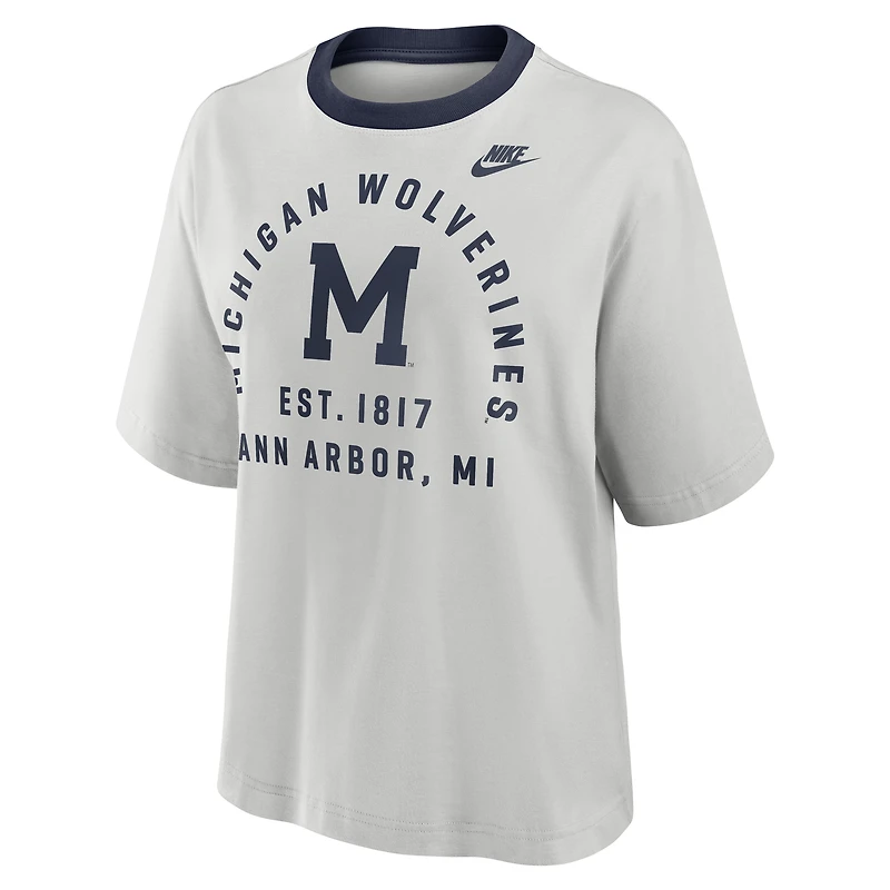 T-shirt Nike gris Michigan Wolverines Legacy Arch Script Boxy pour femme