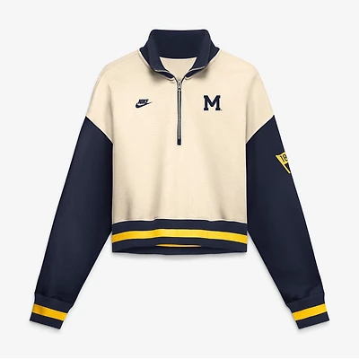 Pull court à col zippé Nike Michigan Wolverines pour femme, coloris naturel/marine, coupe oversize Legacy.