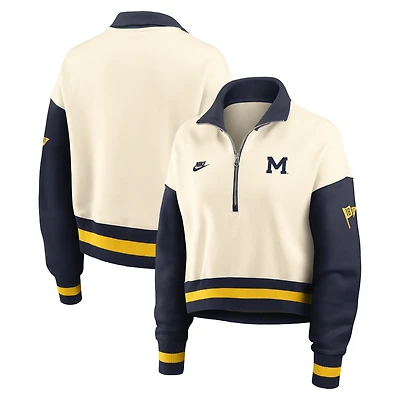 Women's Nike Natural/Navy Michigan Wolverines Oversized Legacy Color Block Cropped Quarter-Zip Pullover