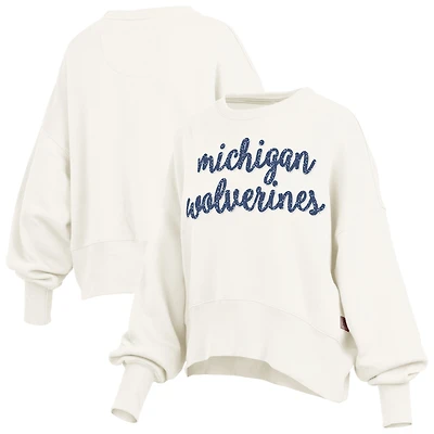 Women's Pressbox Cream Michigan Wolverines Oversized Chelsea Waist Length Pullover Sweatshirt