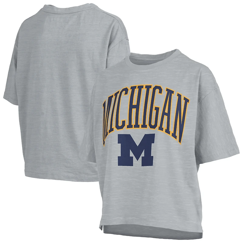 T-shirt surdimensionné bleu marine pour femme avec logo Arch des Wolverines du Michigan, longueur à la taille