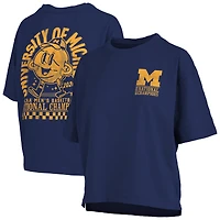 T-shirt oversize à carreaux, coupe carrée, bleu marine, Michigan Wolverines, champions nationaux de basketball masculin NCAA 2026, collection Pressbox, pour femmes