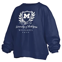 Women's Pressbox Navy Michigan Wolverines Big Aug Script Janice Oversized Pullover Sweatshirt