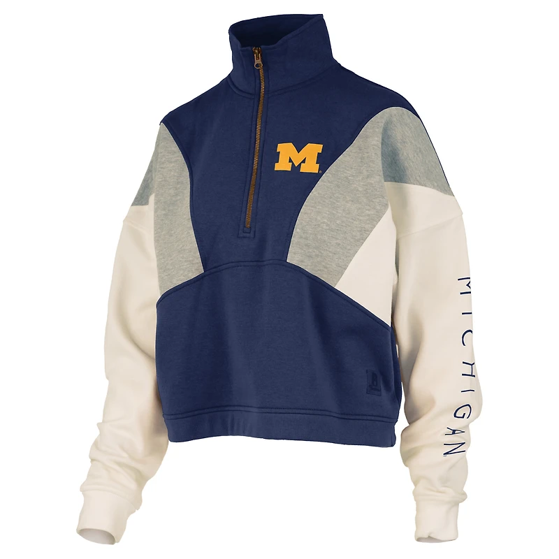 Women's Pressbox  Navy Michigan Wolverines Ferrara Color Block Quarter-Zip Sweatshirt