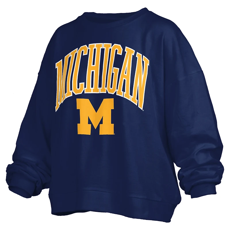 Sweat-shirt oversize à logo Janise Arch Over pour femme, bleu marine, avec Pressbox Michigan Wolverines, longueur la taille