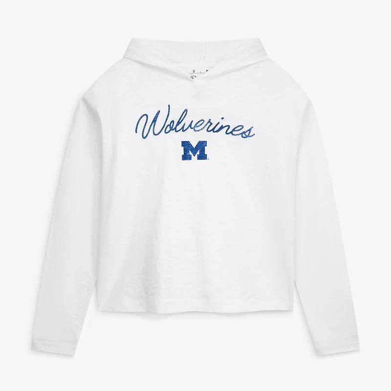 Women's Pressbox White Michigan Wolverines Faye Long Sleeve Hooded Slub T-Shirt