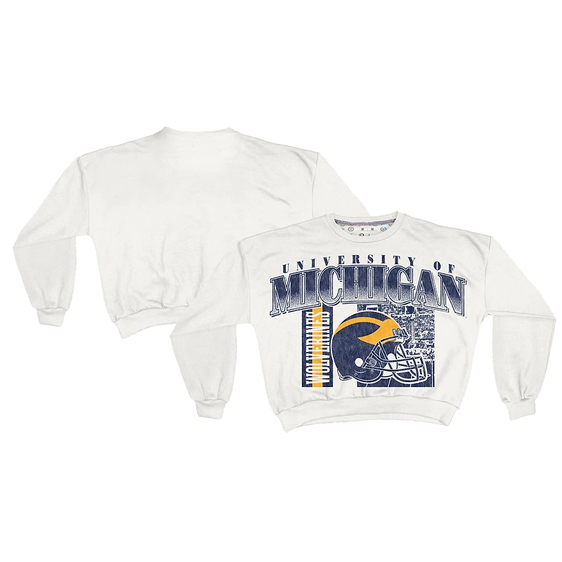 Women's Pressbox White Michigan Wolverines Oversized Janice Retro Waist-Length Sweatshirt