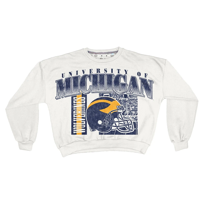 Sweat-shirt rétro surdimensionné Janice blanc des Wolverines du Michigan pour femme, longueur à la taille