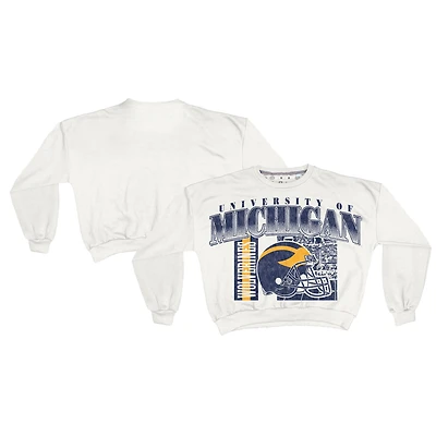 Women's Pressbox White Michigan Wolverines Oversized Janice Retro Waist-Length Sweatshirt