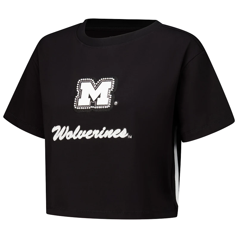 Women's Pro Standard Black Michigan Wolverines Rhinestone & Pearl Boxy Cropped T-Shirt