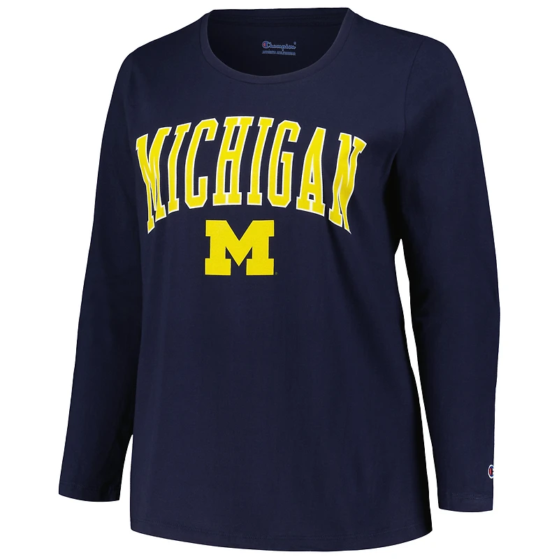 T-shirt à manches longues et col rond pour femme Profile Navy Michigan Wolverines, grande taille avec logo arqué