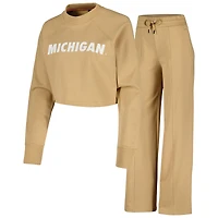 Ensemble sweat-shirt court et pantalon de survêtement raglan pour femmes, beige, Michigan Wolverines