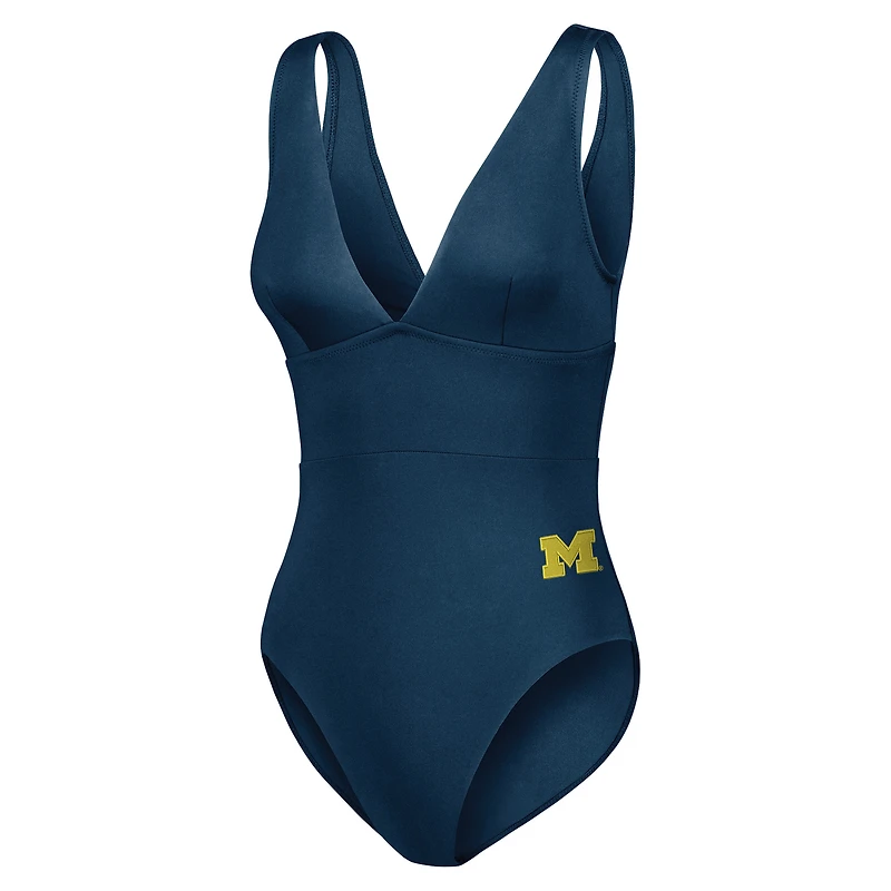 Women's Tommy Bahama Navy Michigan Wolverines Palm Modern V-Neck One-Piece Swimsuit