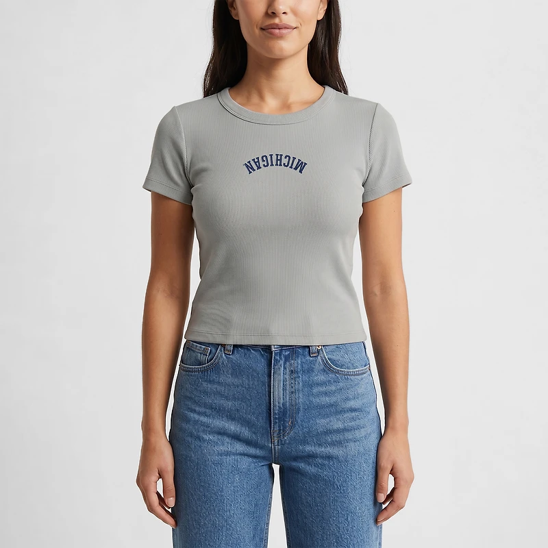 Women's Uscape Apparel  Gray Michigan Wolverines Upside Down Embroidery Ribbed Cropped T-Shirt