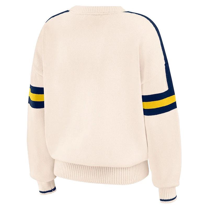 Women's WEAR by Erin Andrews  Cream Michigan Wolverines Chenille Woven Patch Stripe Pullover Sweater