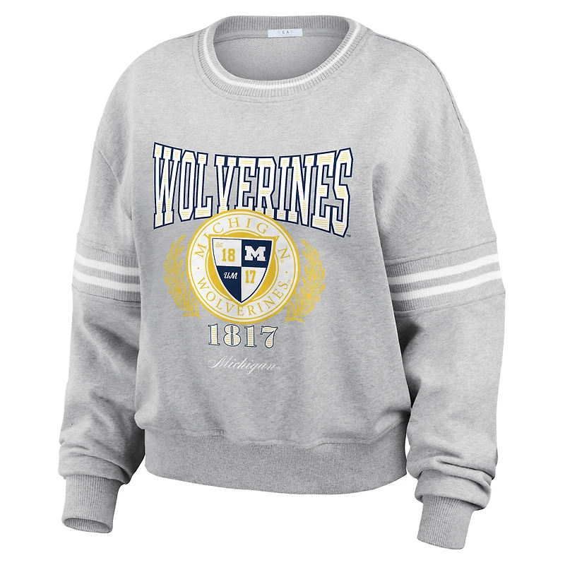 Women's WEAR by Erin Andrews Heather Gray Michigan Wolverines Classic Stripe Pullover Sweater
