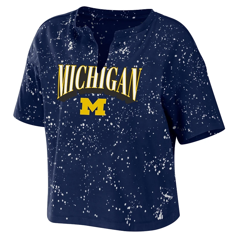 Women's WEAR by Erin Andrews Navy Michigan Wolverines Bleach Wash Splatter Cropped Notch Neck T-Shirt