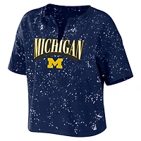 Women's WEAR by Erin Andrews Navy Michigan Wolverines Bleach Wash Splatter Cropped Notch Neck T-Shirt