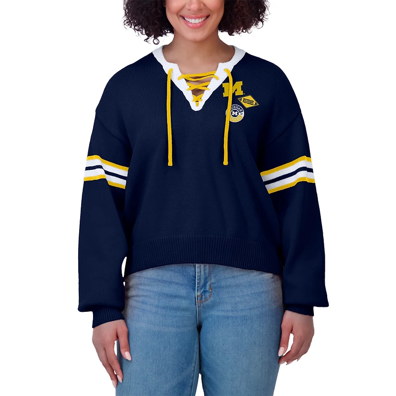 Women's WEAR by Erin Andrews Navy Michigan Wolverines Lace-Up Pullover Sweater