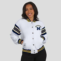 Veste sweat-shirt en polaire à boutons-pression et point satin blanc/bleu marine des Wolverines du Michigan pour femme par Erin Andrews