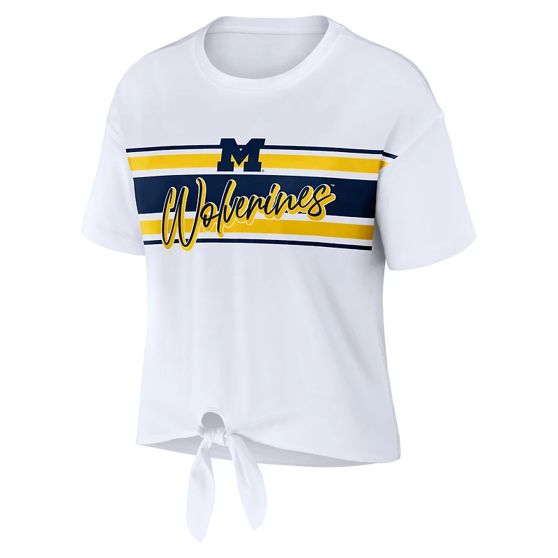 Women's WEAR by Erin Andrews White Michigan Wolverines Striped Front Knot Cropped T-Shirt
