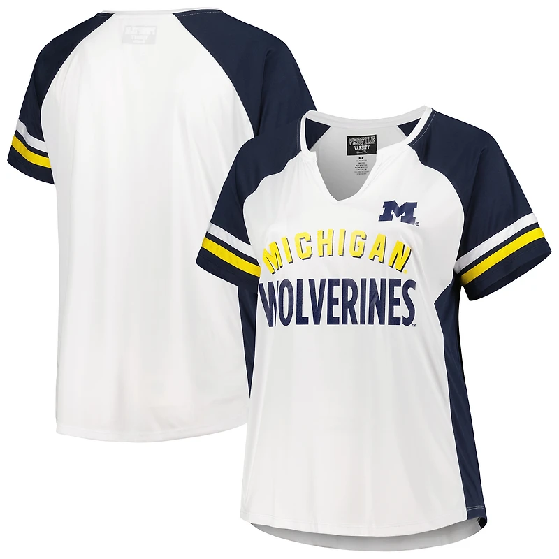 T-shirt à encolure raglan rayures Michigan Wolverines pour femme, taille plus, blanc