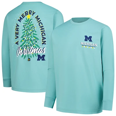 Youth  Light Green Michigan Wolverines Merry Christmas Tree Long Sleeve T-Shirt
