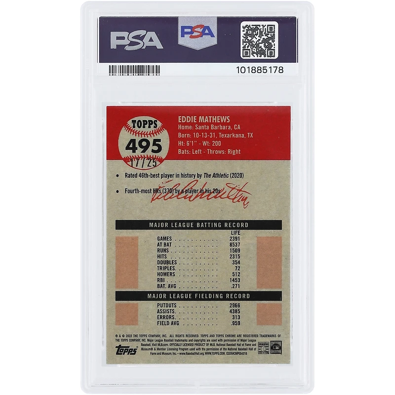 Eddie Mathews Milwaukee Braves 2022 Topps Platinum Anniversary Orange Refractor #495 #17/25 PSA Authentifié 10 Carte