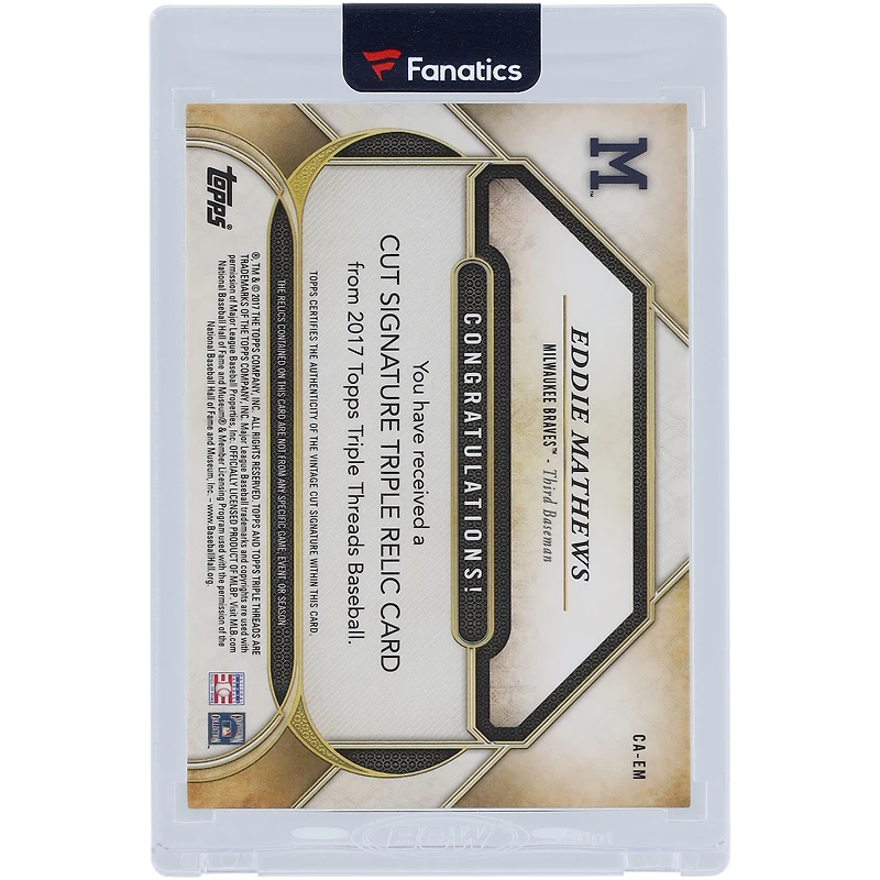 Eddie Matthews Milwaukee Braves Autographed 2017 Topps Triple Threads Game Used Relic Cut Auto #CA-EM #1/1 Card