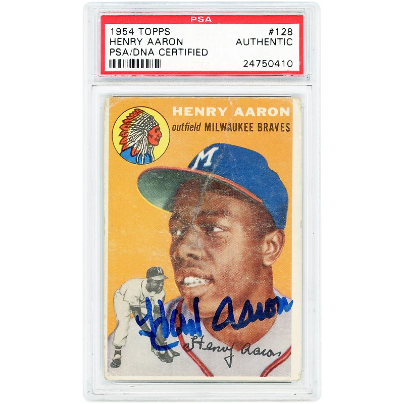 Hank Aaron Milwaukee Braves Autographed 1954 Topps #128 PSA Authenticated Rookie Card
