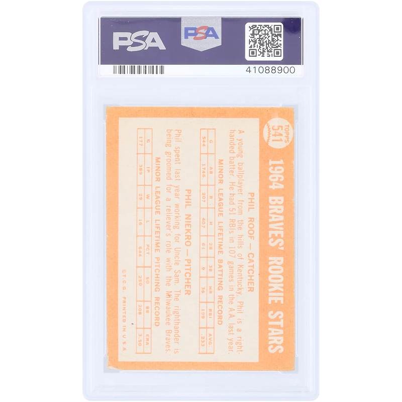 Carte de recrue Phil Niekro, Milwaukee Braves, 1964 Topps n° 541, authentifiée PSA 4