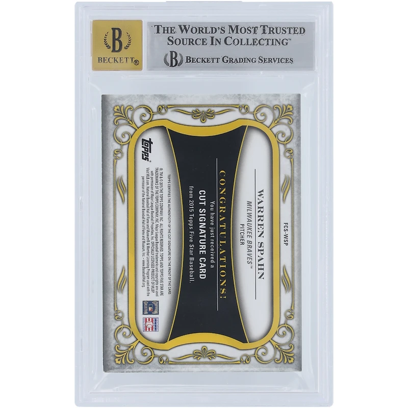 Warren Spahn Milwaukee Braves Autographed 2015 Topps Five Star Cut Signature #FCS-WSP #1/1 BGS Authenticated 8.5/10 Card