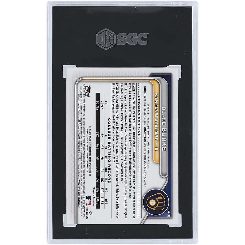 Blake Burke Milwaukee Brewers Autographed 2024 Bowman Draft Chrome Prospect Autograph #CPA-BB SGC Authenticated 9/10 Rookie Card