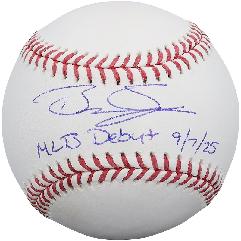 Balle de baseball autographiée par Brandon Sproat des Brewers de Milwaukee avec inscription « Débuts en MLB le 7/9/25 »