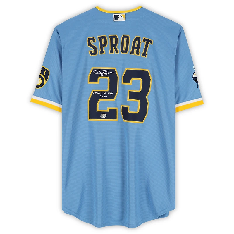Brandon Sproat Milwaukee Brewers Autographed Light Blue Nike City Connect Limited Jersey with "This Is My Crew!" Inscription