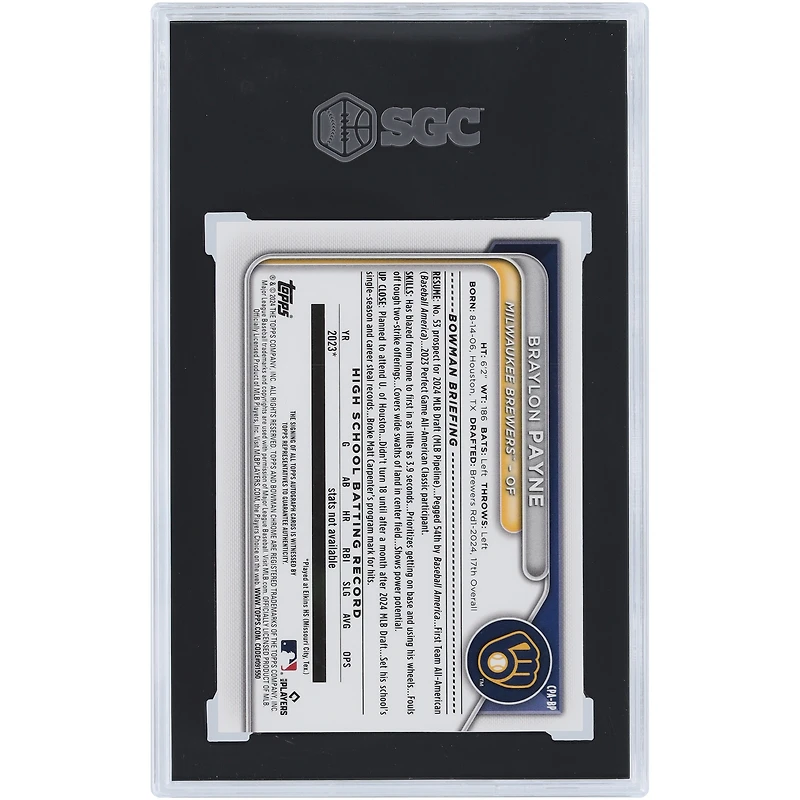 Braylon Payne Milwaukee Brewers Autographed 2024 Bowman Draft Chrome Prospect Autograph #CPA-BP SGC Authenticated 9.5/10 Card
