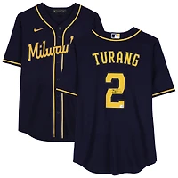 Maillot réplique Nike bleu marine autographié par Brice Turang des Milwaukee Brewers