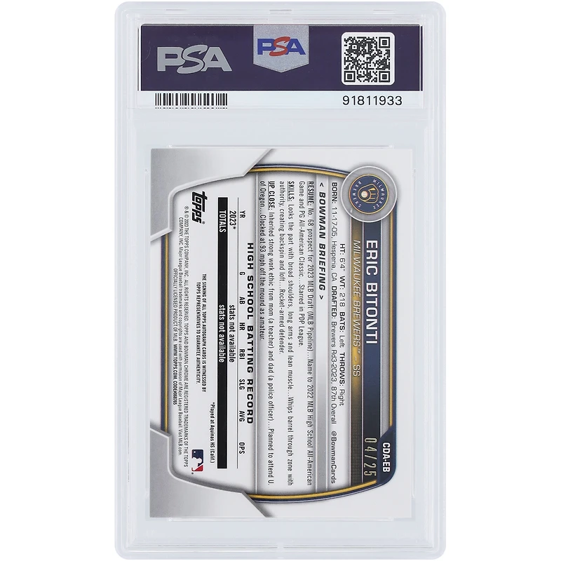 Eric Bitonti Milwaukee Brewers Autographed 2023 Bowman Chrome 1st Bowman Orange Wave #CDA-EB #4/25 PSA Authenticated 10 Card