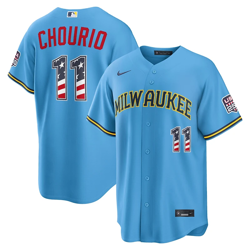 Fourth of July Men's Milwaukee Brewers Jackson Chourio Nike Light Blue USA 250 Stadium Jersey