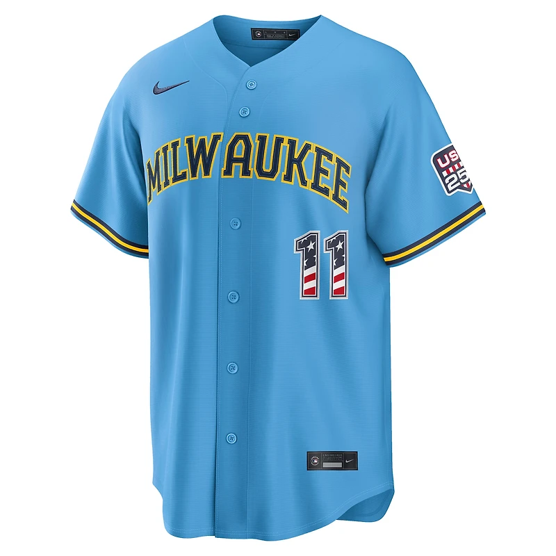 Fourth of July Men's Milwaukee Brewers Jackson Chourio Nike Light Blue USA 250 Stadium Jersey