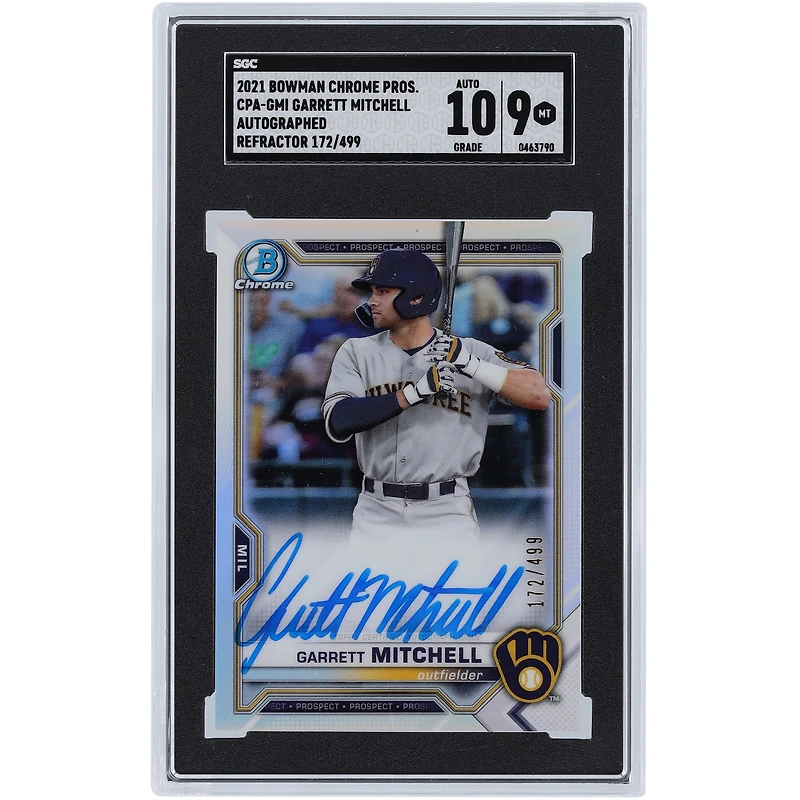 Carte de prospection chromée Topps Bowman 2021 autographiée par Garrett Mitchell des Milwaukee Brewers, réfracteur n° CPA-GMI n° 172/499 SGC, authentifiée 9/10