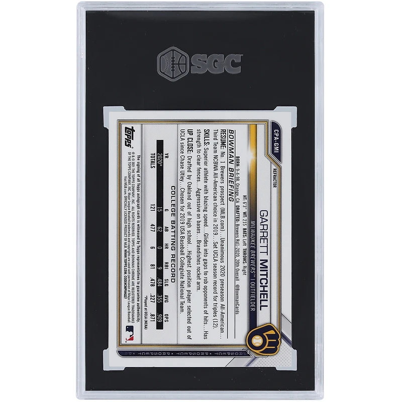 Carte de prospection chromée Topps Bowman 2021 autographiée par Garrett Mitchell des Milwaukee Brewers, réfracteur n° CPA-GMI n° 172/499 SGC, authentifiée 9/10
