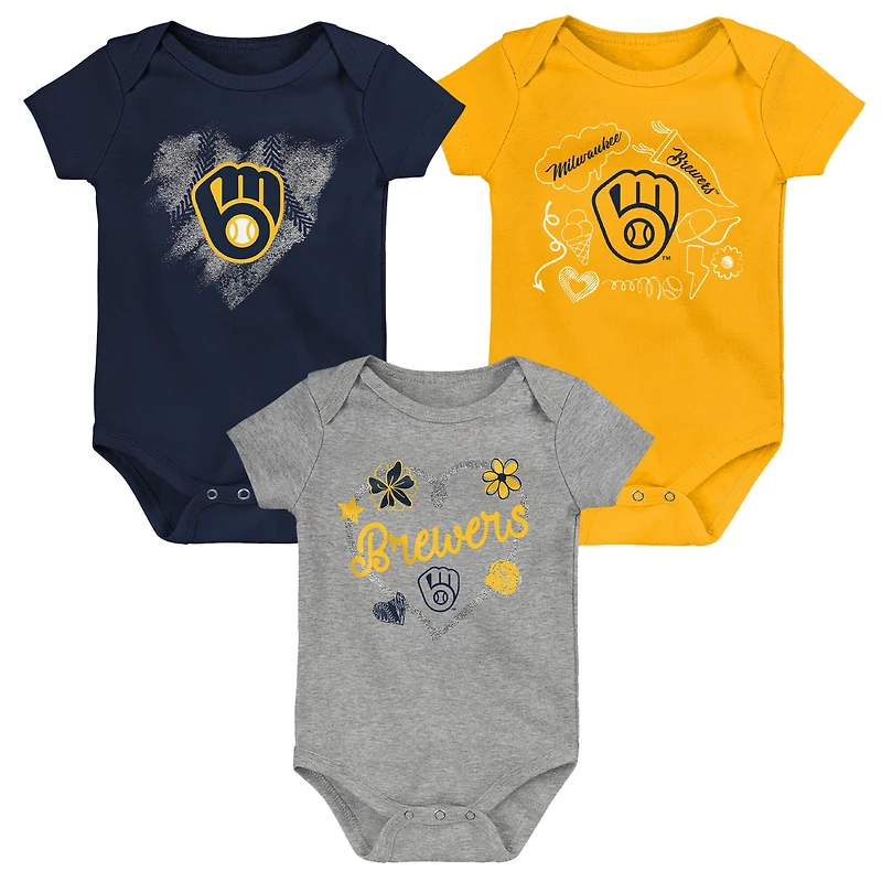 Ensemble de 3 bodies « Batter Up » pour nouveau-nés et bébés filles, bleu marine/or/gris chiné, Milwaukee Brewers