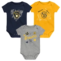Ensemble de 3 bodies « Batter Up » pour nouveau-nés et bébés filles, bleu marine/or/gris chiné, Milwaukee Brewers